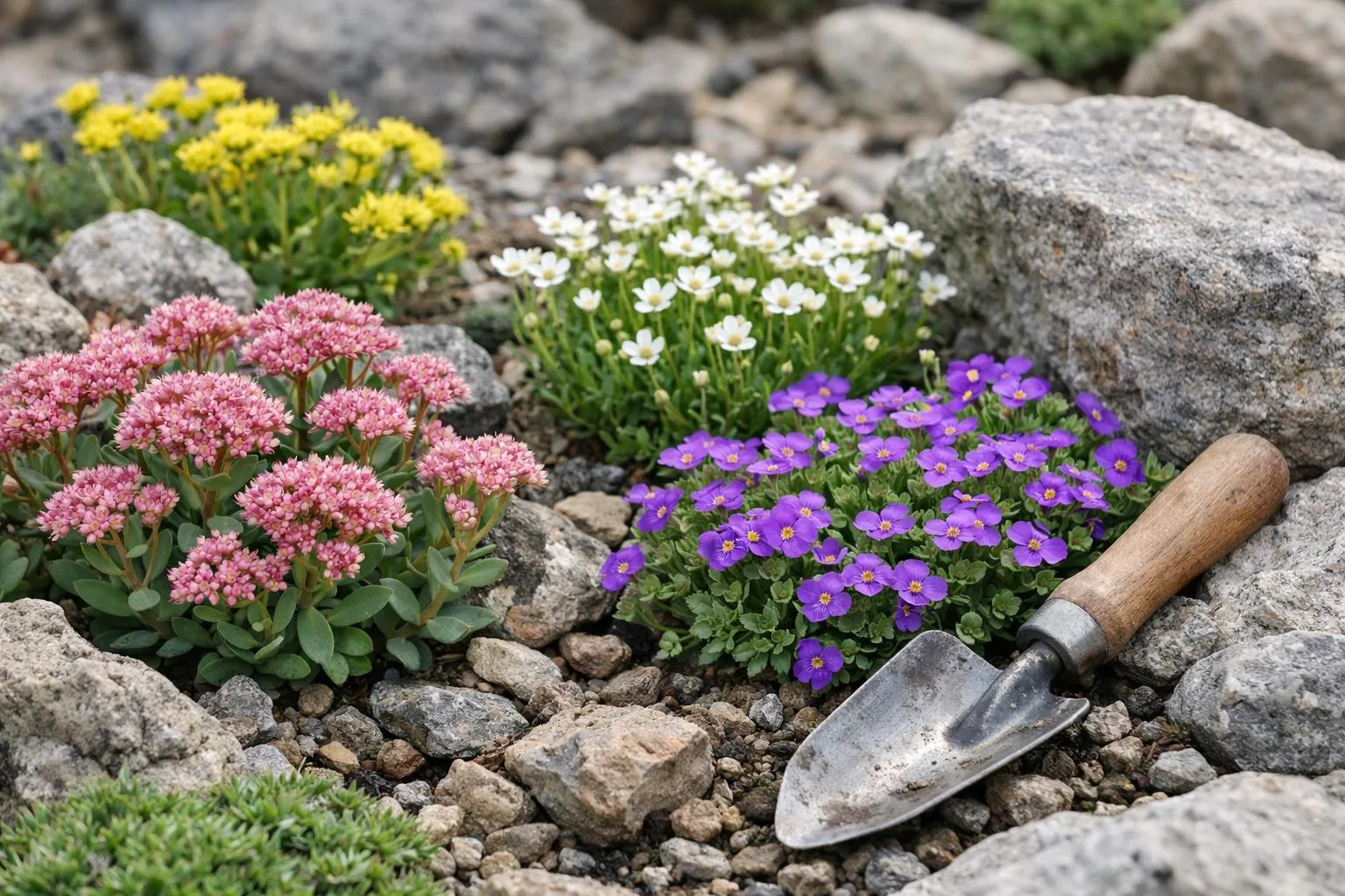 Close-up of colorful alpine perennial flowers thriving in a rocky French garden bed with poor soil, showcasing drought-resistant varieties like sedum, saxifrage, and aubrieta in full bloom. Natural sunlight highlighting the vibrant petals against weathered stones and gravel. Realistic photography, sharp focus on flower details, shallow depth of field, lush textures, healthy growth despite minimal care. A gardening trowel or watering can subtly placed nearby, conveying low-maintenance elegance. High-end French garden lifestyle aesthetic, natural colors, authentic outdoor setting.
