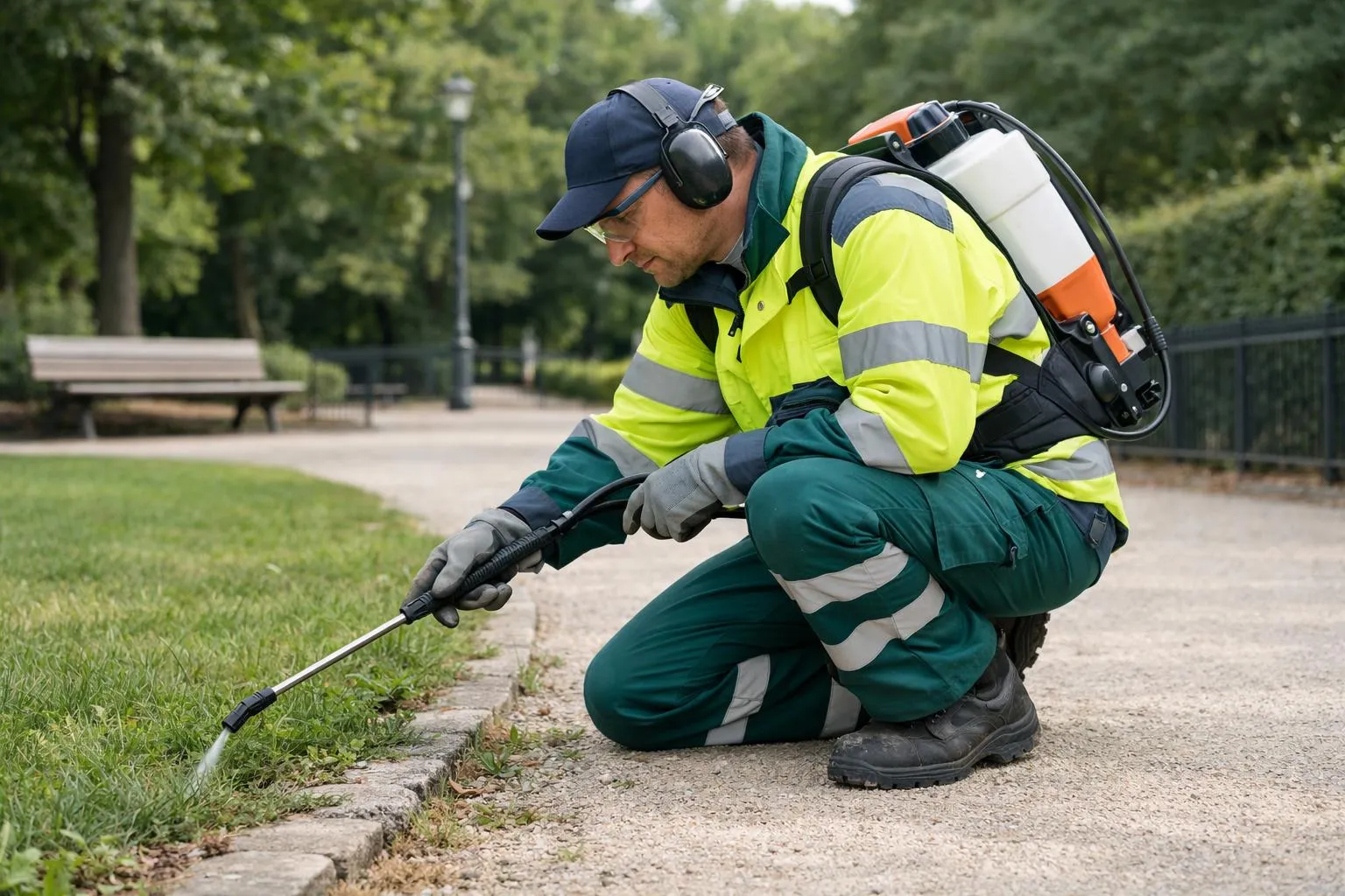 Agent municipal en tenue de travail appliquant un traitement de désherbage manuel dans un parc public français, avec équipement professionnel certifié visible (pulvérisateur à dos, combinaison de protection), ambiance règlementaire et professionnelle, panneau d'information sur l'entretien écologique en arrière-plan, allées propres bordées de pelouse, lumière naturelle douce, photographie documentaire réaliste, tons naturels et sobres, atmosphère de travail municipal sérieux et responsable, haute définition. Absolutely no text, logos, or written elements in the image.