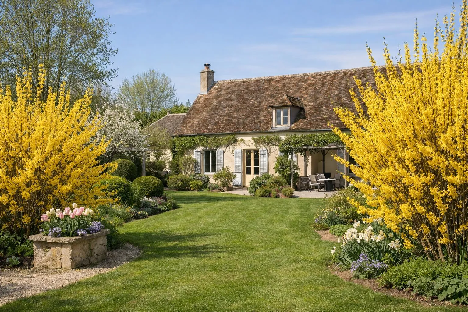 Forsythia en pleine floraison jaune éclatant dans un jardin français au printemps, branches couvertes de fleurs dorées devant une maison traditionnelle avec pelouse verte, ciel bleu clair, lumière naturelle douce, photographie réaliste haute définition, ambiance chaleureuse et printanière, composition élégante avec profondeur de champ, style lifestyle jardin haut de gamme