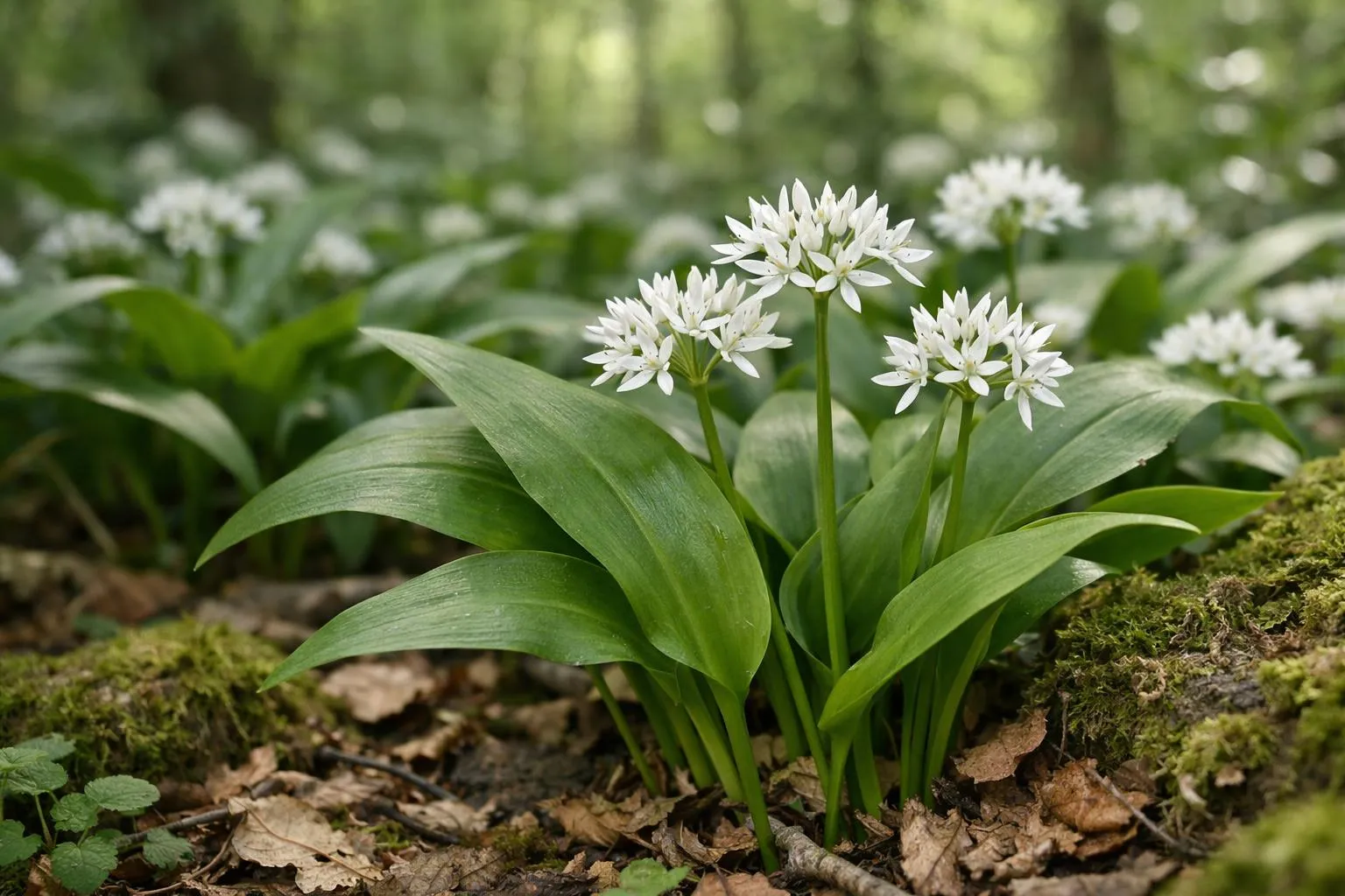 Close-up photograph of wild garlic (Allium ursinum) plants growing naturally in a French forest setting, showing distinctive broad green leaves and clusters of white star-shaped flowers, sunlight filtering through tree canopy above, natural forest floor with moss and fallen leaves, realistic macro photography, shallow depth of field, fresh spring atmosphere, natural lighting, high detail on leaf texture and flower petals, authentic woodland environment