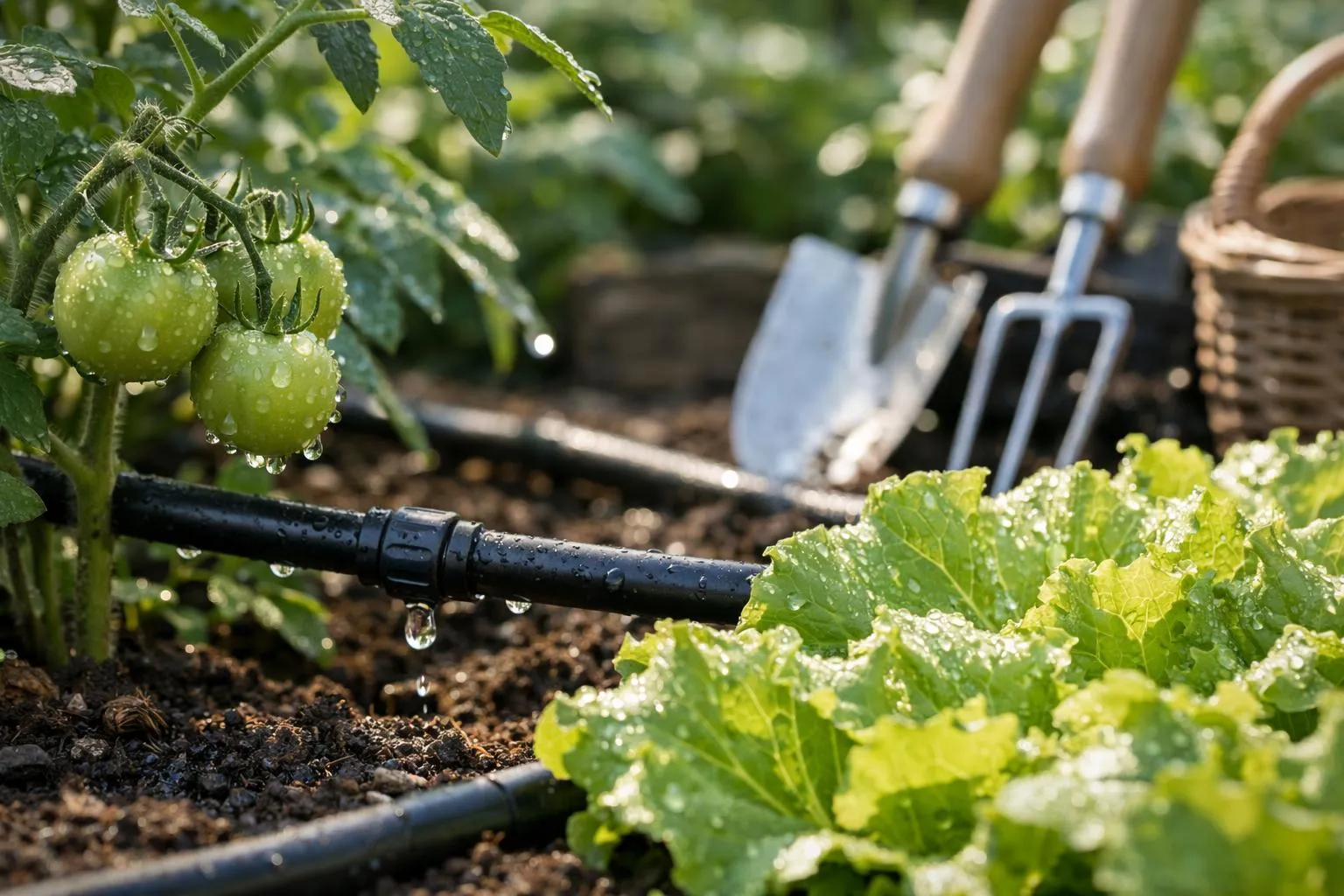 Modern French vegetable garden with automatic drip irrigation system installed, close-up of water droplets on tomato plants and lettuce leaves, morning sunlight creating natural bokeh, premium gardening tools visible in background, peaceful productive atmosphere, realistic photography style, natural colors, shallow depth of field, no text or watermark