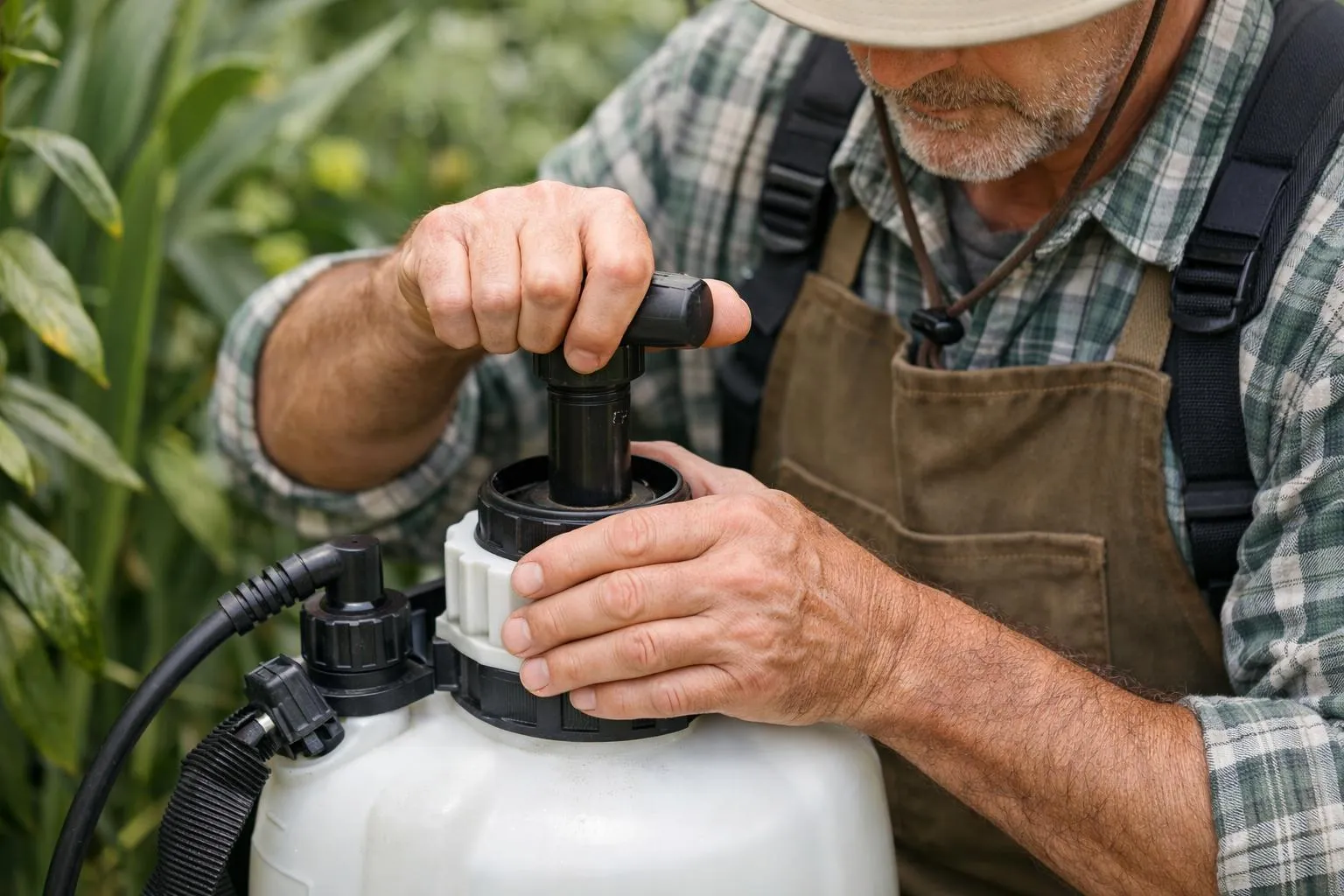 Gardener using a manual backpack sprayer in a lush French garden with vegetable plots and flowering plants, natural morning light, hands adjusting the pressure pump, realistic photography style, detailed textures of leaves and equipment, professional gardening atmosphere, no text, no watermark