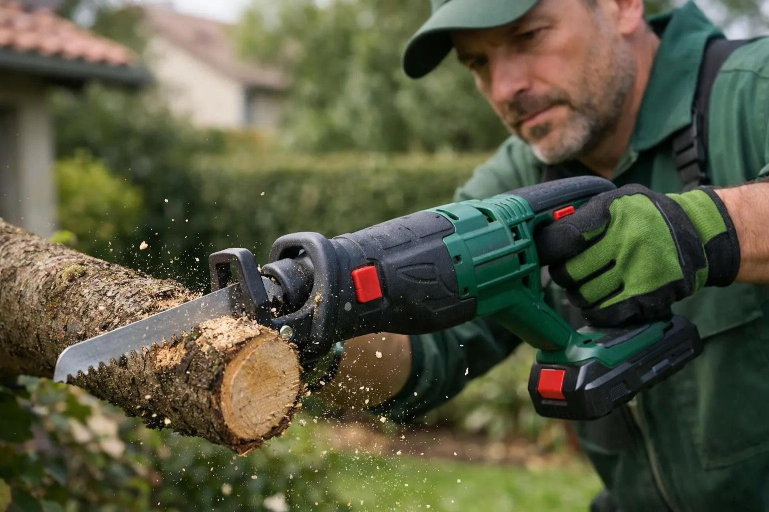Professional gardener using Parkside reciprocating saw to prune thick tree branch in French suburban garden, natural daylight, realistic photography showing tool in action with sawdust particles, close-up of ergonomic grip and blade cutting through wood, authentic outdoor working scene, practical DIY atmosphere, no text, no logo
