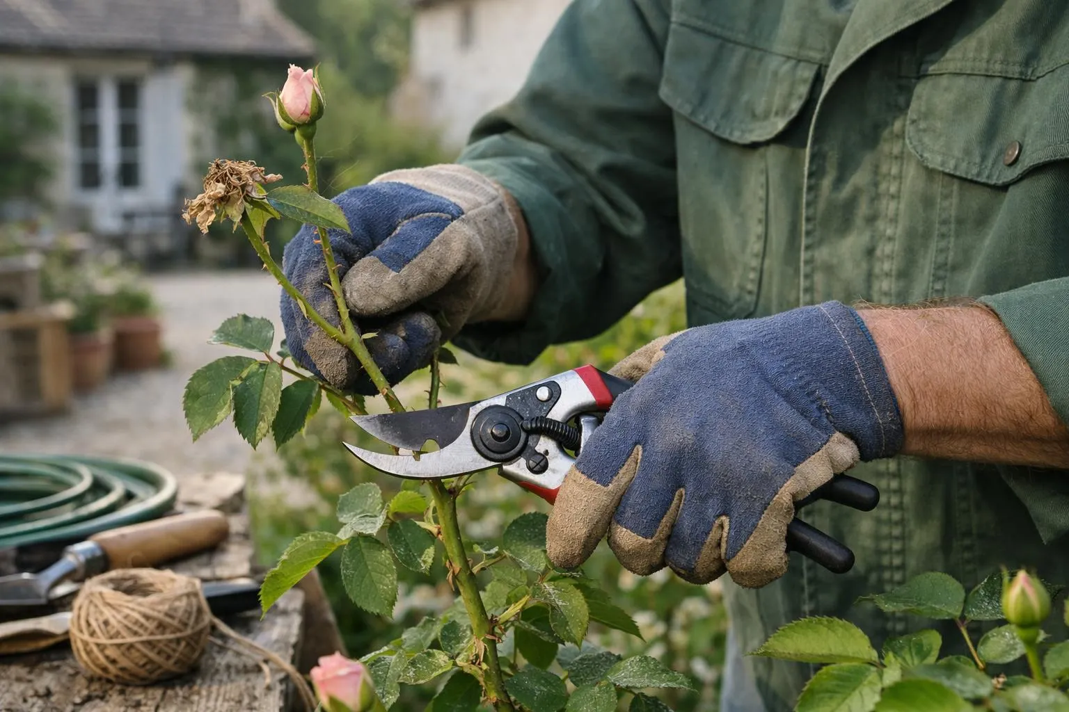 French gardener in early spring garden pruning rose bush with professional secateurs, morning light, close-up of hands cutting dormant rose canes, realistic photography, natural colors, detailed plant textures, gardening gloves and tools visible, authentic French residential garden setting, soft bokeh background, expert technique demonstration