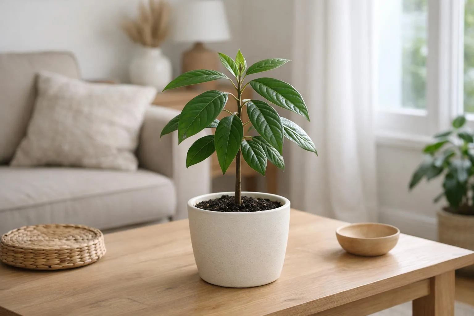 Jeune avocatier en pot posé sur une table basse dans un salon français lumineux, feuilles vertes brillantes et saines, lumière naturelle entrant par une grande fenêtre, décoration intérieure moderne et épurée, ambiance chaleureuse et naturelle, photographie réaliste haute qualité, profondeur de champ douce, esthétique lifestyle premium, pas de texte