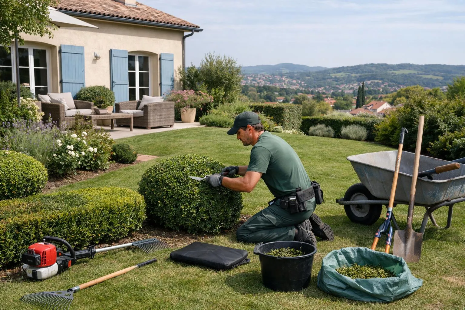 Professional gardener maintaining a typical Lyon residential garden with hedges, lawn, and mature trees, showing seasonal care work. French suburban house visible in background with Monts du Lyonnais hills. Natural daylight, realistic photography, detailed garden tools in use, professional yet approachable atmosphere, high-quality lifestyle aesthetic. No text, no logo, no watermark.