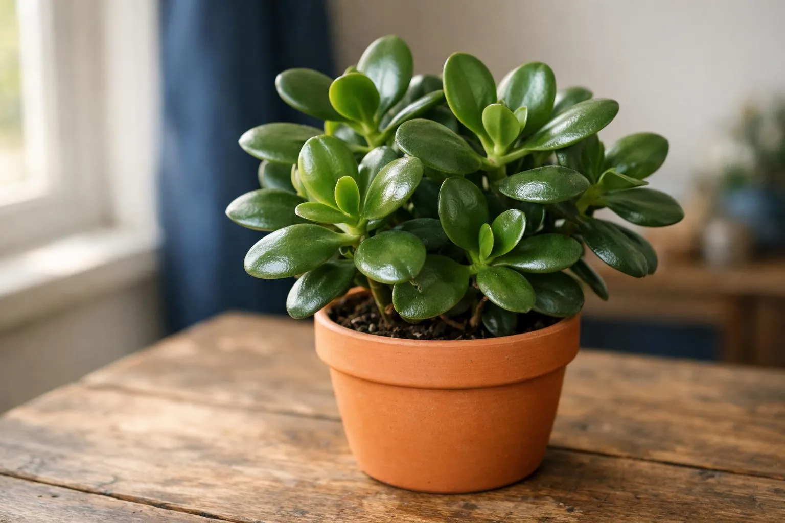 Close-up photograph of Crassula ovata (jade plant) with glossy thick green leaves in terracotta pot on rustic wooden table, warm natural sunlight from side window, shallow depth of field focusing on water-storing succulent foliage, realistic botanical photography, French interior aesthetic, no text
