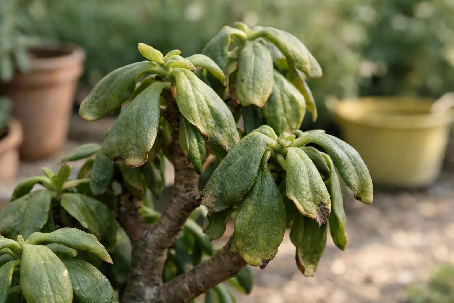 Close-up of jade plant (Crassula ovata) with soft drooping leaves showing health distress, realistic photography, natural garden setting in France, detailed leaf texture visible, morning light, professional gardening context, educational focus on plant symptoms, high detail, shallow depth of field, natural colors, authentic botanical photography style. No text, no logo, no watermark.