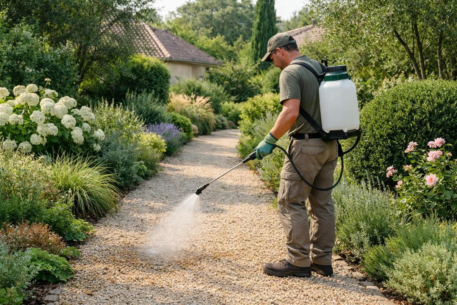 Jardinier français dans la quarantaine pulvérisant du vinaigre de désherbage sur une allée de gravier bordée de plantes ornementales, jardin résidentiel moderne et soigné, ambiance naturelle et écologique, lumière douce du matin, photographie réaliste haute qualité, style de vie jardin haut de gamme, atmosphère authentique et responsable