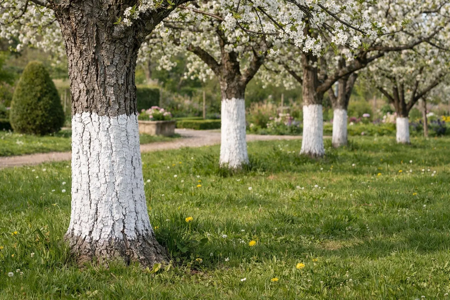 Verger français au printemps avec troncs d'arbres fruitiers (pommiers, cerisiers) blanchis à la chaux vive jusqu'à mi-hauteur, écorce fissurée visible, ambiance campagne soignée, lumière naturelle douce, rangées d'arbres adultes espacées, sol enherbé, paysage bucolique sans texte ni logo, photographie réaliste haute qualité, détails nets sur texture écorce et blanc arboricole