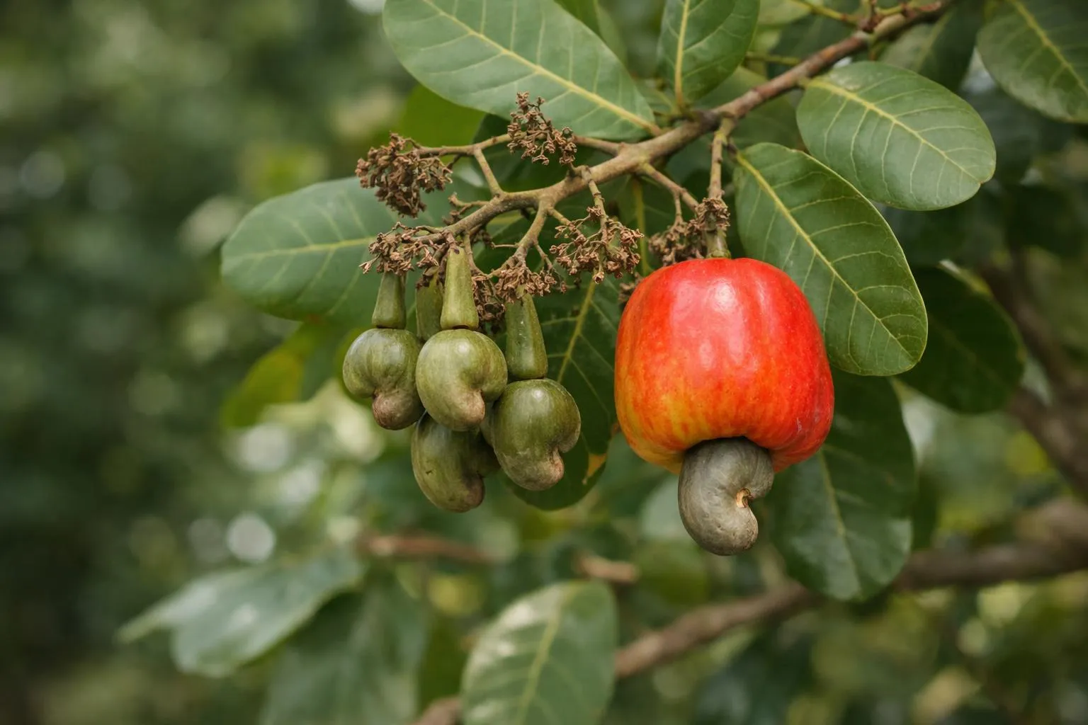 Close-up of a cashew tree branch with the distinctive cashew apple and nut structure visible, in a tropical garden setting with lush green foliage, realistic botanical photography, natural daylight, ultra-detailed textures showing the orange-red cashew apple and the attached nut underneath, professional gardening reference image, educational yet elegant aesthetic, shallow depth of field focusing on the fruit structure, no text or labels
