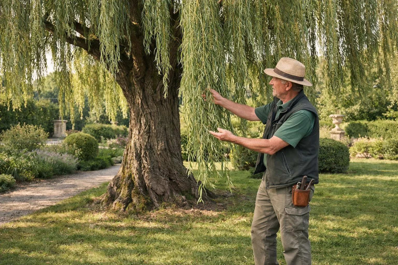 Jardinier âgé examinant un grand saule pleureur dans un parc verdoyant.