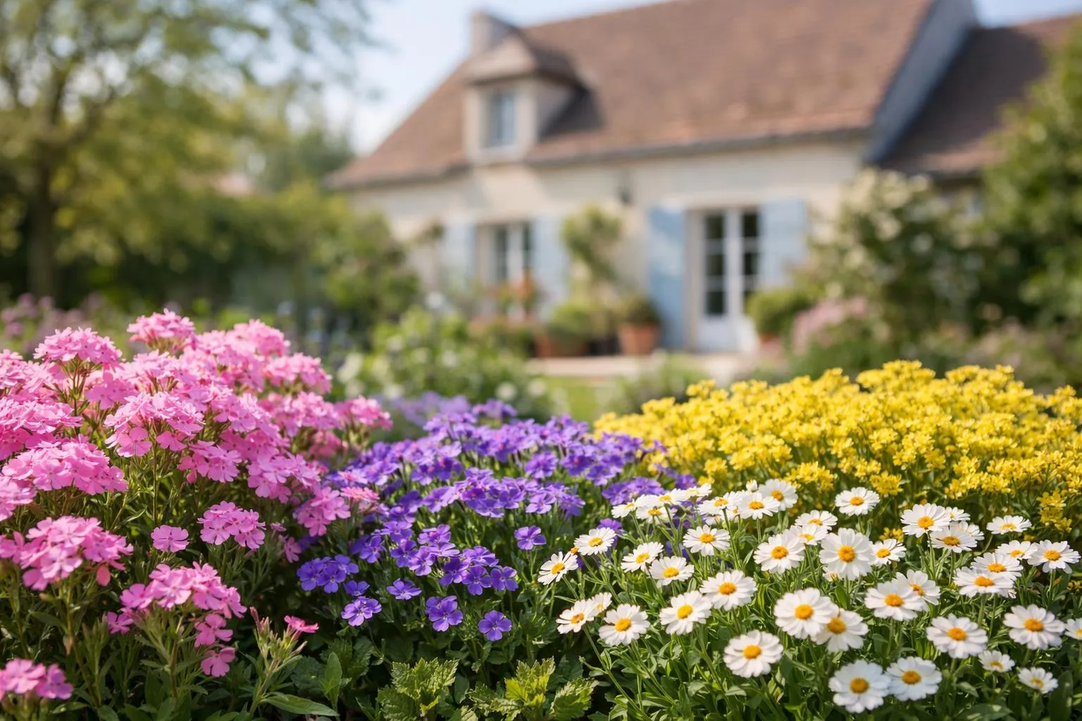 Jardin fleuri avec une maison de campagne en arrière-plan.