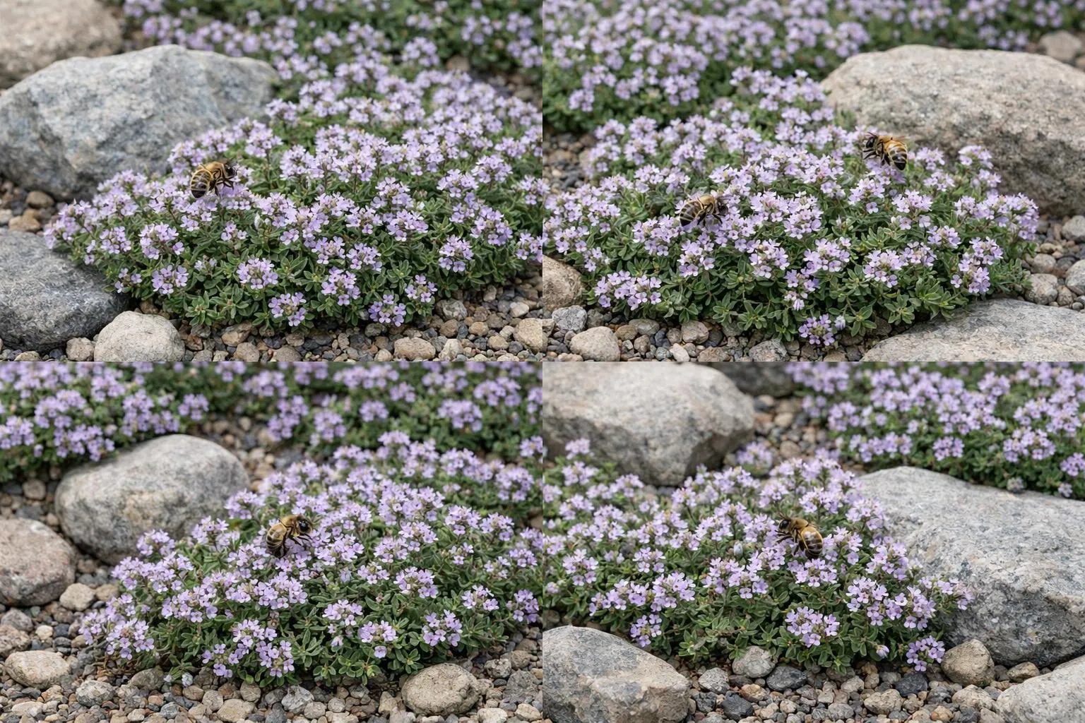 Vibrant purple flowers, buzzing bees, and rocky garden landscape.