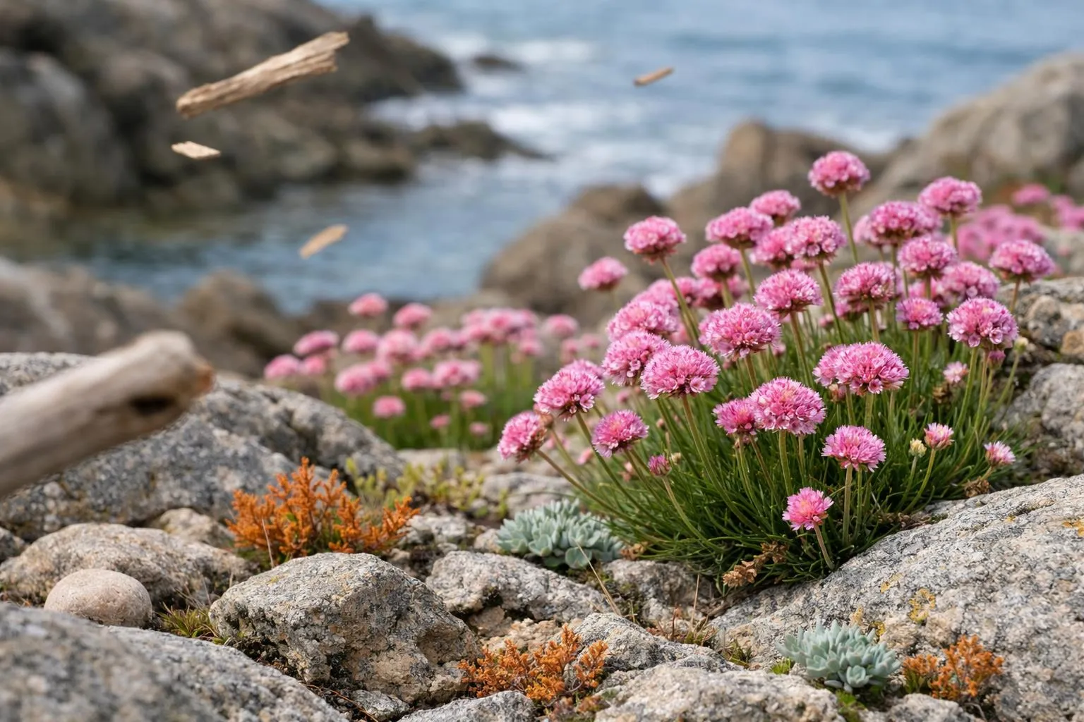 Vibrant pink flowers blooming amidst rocky coastal landscape.