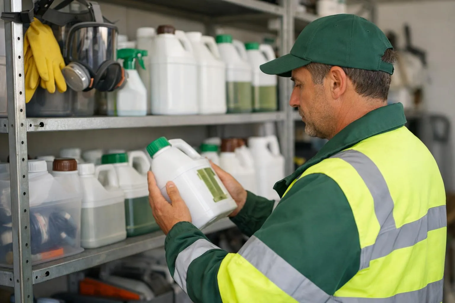 Professional municipal groundskeeper in uniform examining approved biocontrol herbicide products on storage shelf in French town hall facility, clear product labels visible showing official certification marks, organized storage area with protective equipment, natural daylight through window, realistic documentary photography style, shallow depth of field focusing on product containers, authentic French municipal work environment, no text overlays