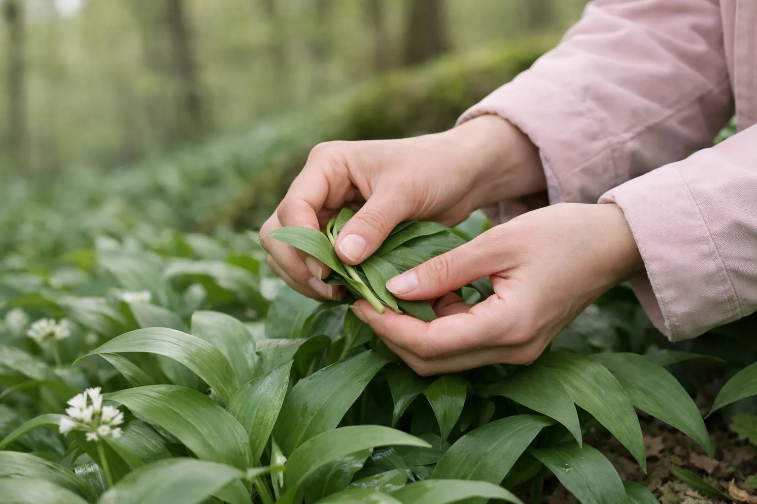 Hands gently inspecting green leaves in a lush forest.