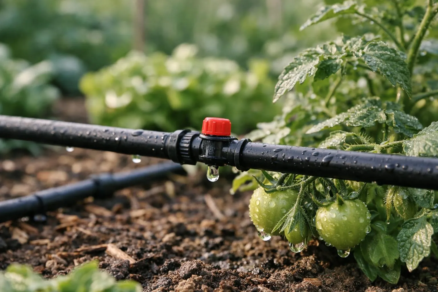 Close-up of drip irrigation system installed in a French vegetable garden, detailed view of black tubing with adjustable emitters attached, water droplets forming on tomato plants, realistic photography, natural morning light, shallow depth of field focusing on the irrigation equipment, professional gardening setup, authentic French potager atmosphere with healthy green vegetables in background, ultra-detailed textures of soil and water drops