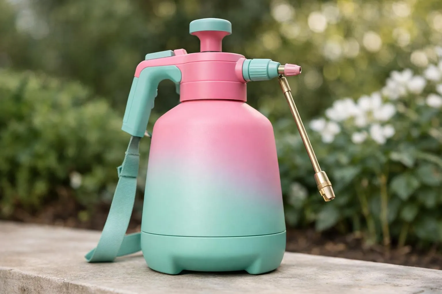 Colorful, pressurized sprayer for gardening or cleaning purposes.