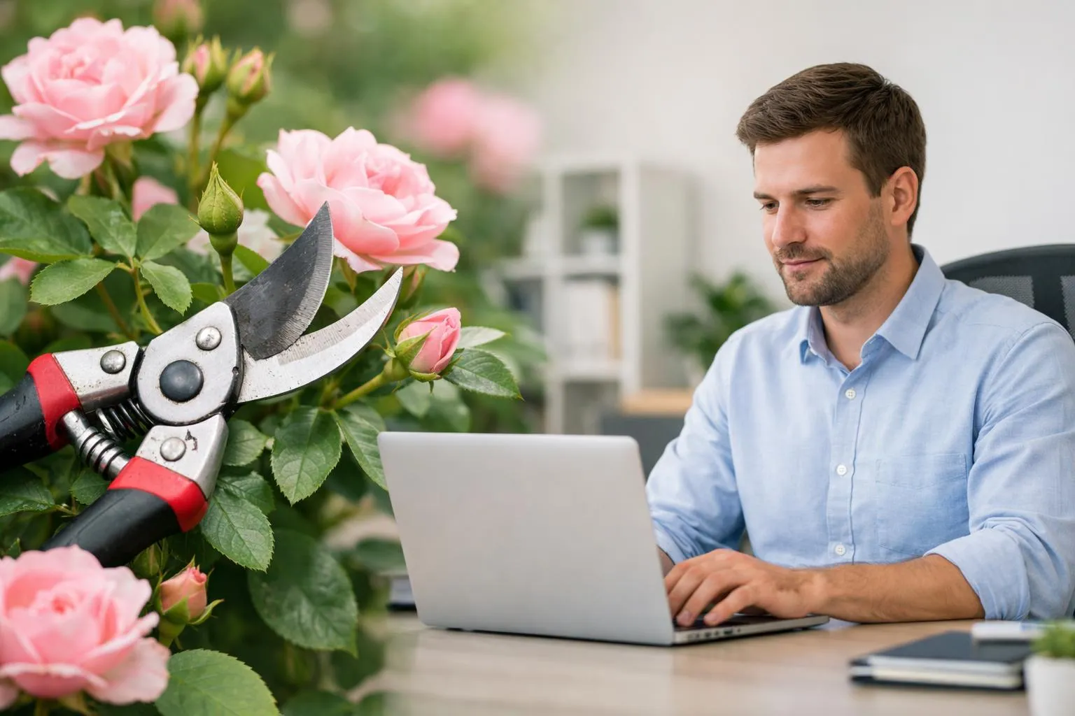 A man working on a laptop surrounded by blooming pink roses.