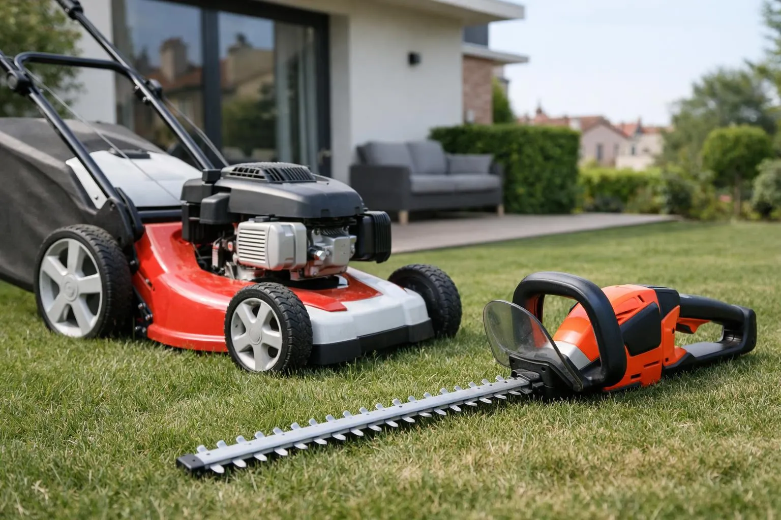 Tondeuse à gazon et taille-haie électriques sur pelouse verte.