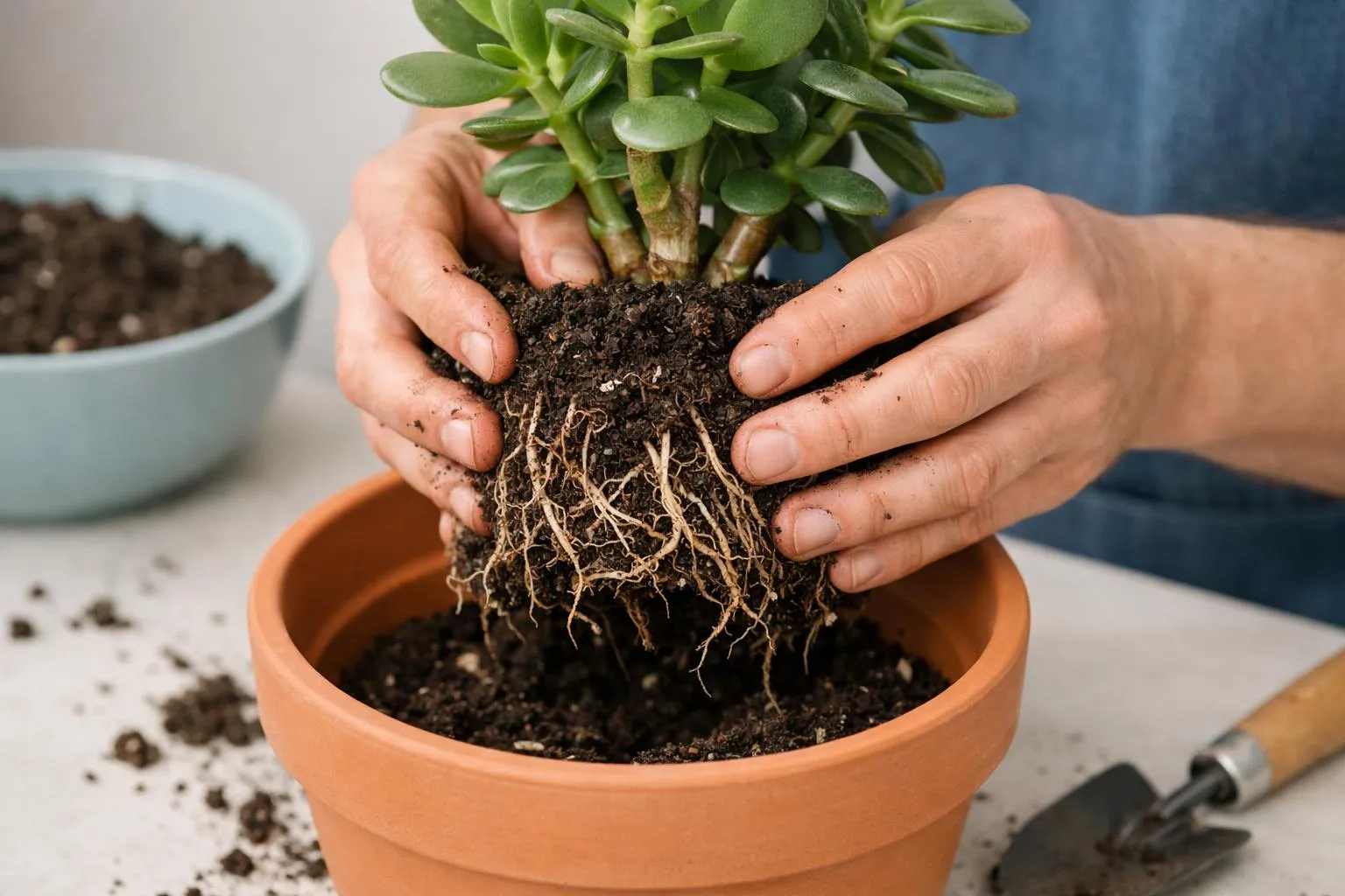 Mains plantant une plante grasse dans un pot en terre cuite.