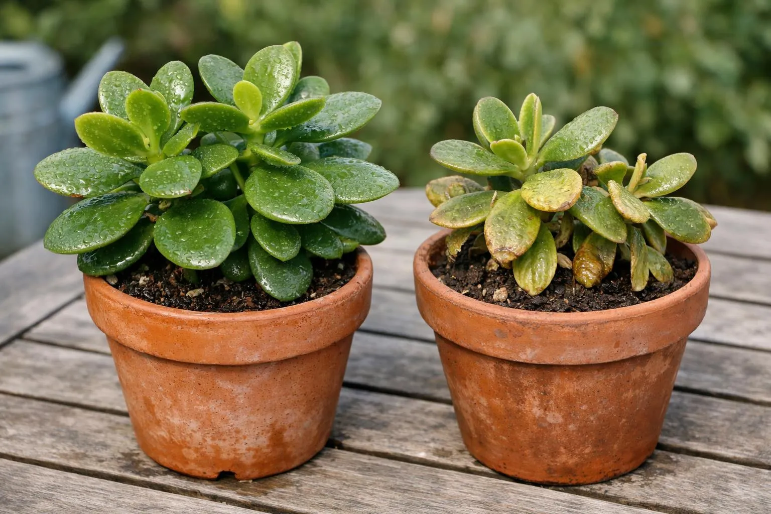 Comparative photography showing two jade plants side by side in terracotta pots on wooden garden table in French garden setting. Left plant displays wilted, soft leaves from overwatering with visible soil moisture. Right plant shows shriveled, wrinkled leaves from underwatering with dry cracked soil. Natural daylight filtering through foliage in background. Ultra-detailed texture of succulent leaves, realistic photography, shallow depth of field, professional gardening documentation style, no text or labels.