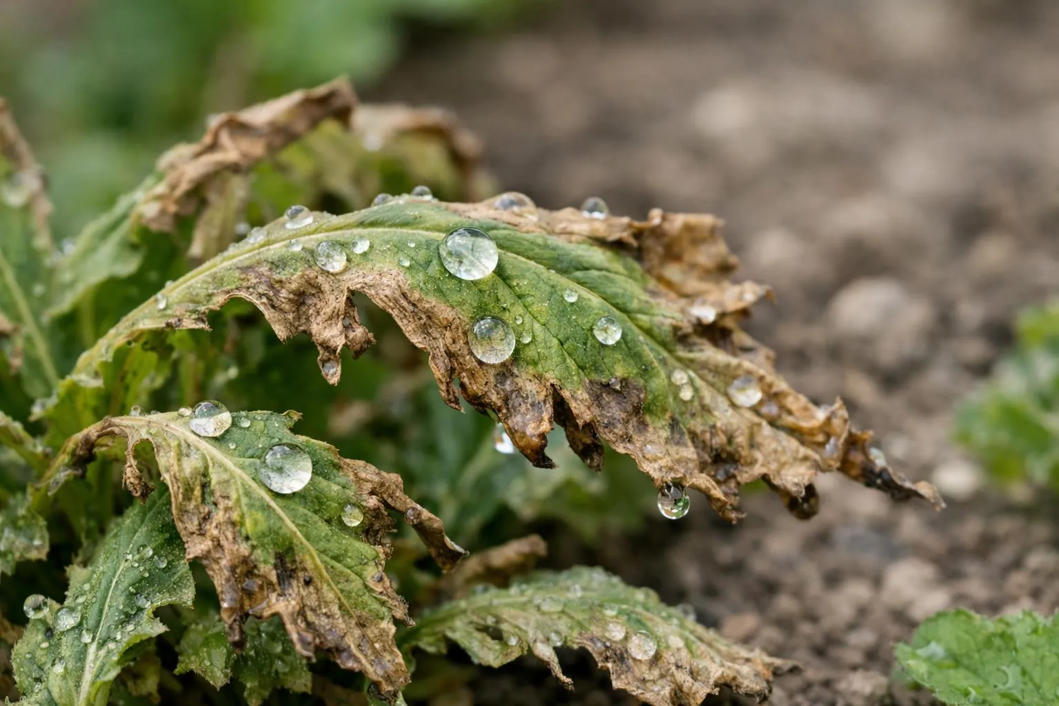 Macro photograph of weed leaves wilting and drying after vinegar application in a French garden, botanical details showing cellular damage and desiccation, water droplets of acetic acid solution visible on damaged leaf surface, natural outdoor lighting, realistic photography style, sharp focus on leaf texture changing from green to brown, professional gardening documentation aesthetic