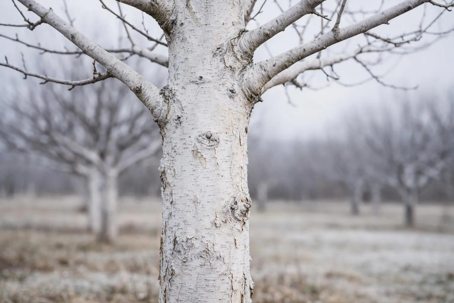 Tronc d'arbre enneigé dans un paysage hivernal flou.