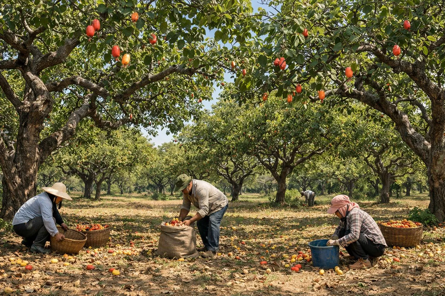 Panoramic view of a tropical cashew plantation with mature Anacardium occidentale trees bearing ripe cashew apples and nuts, lush green canopy under bright sunlight, humid tropical climate visible through dense foliage in background, realistic documentary photography style, vibrant natural colors, workers in distance hand-harvesting fallen fruits, warm golden hour lighting, detailed bark texture and characteristic twisted trunks, professional agricultural photography, no text, no watermark