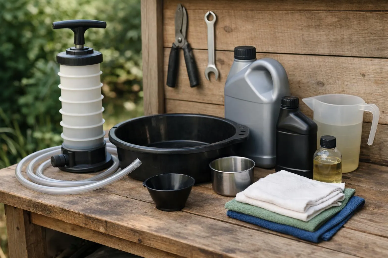 Close-up of essential lawn mower maintenance tools arranged on a French garden workbench: manual oil suction pump, transparent measuring jug, oil drain pan with used motor oil, SAE 10W30 oil bottle, clean white cloth, protective gloves, wrench set. Natural daylight, shallow depth of field, realistic photography, high-end gardening lifestyle aesthetic. No text, no logo, no watermark.