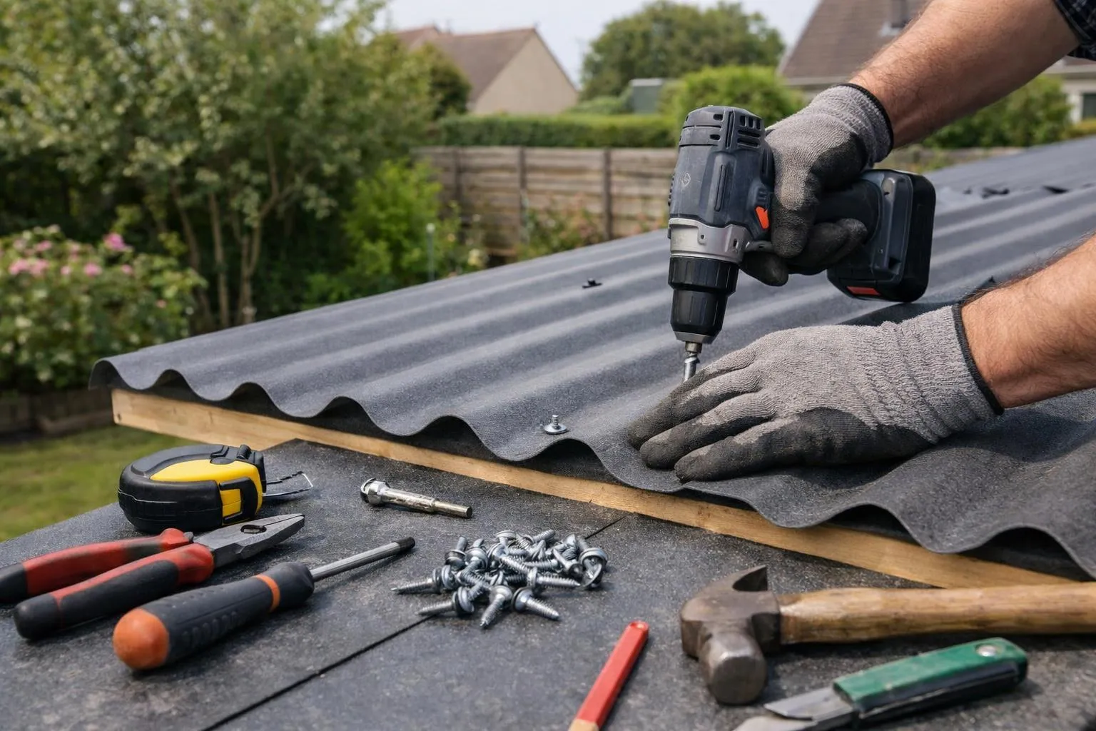 Outils de construction sur un toit en réparation.