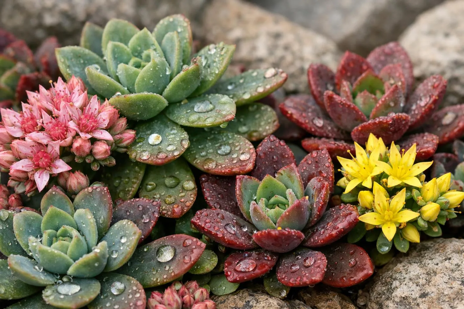 Close-up macro photography of various Sedum plants (stonecrop) growing in a French rock garden, showing their fleshy succulent leaves in shades of green, blue-green, and burgundy red. Multiple Sedum varieties clustered together between limestone rocks, with tiny star-shaped pink and yellow flowers blooming. Shallow depth of field focusing on the textured succulent foliage, natural morning sunlight creating soft shadows, water droplets on leaves, realistic botanical photography, high detail, professional gardening magazine quality, natural outdoor setting in France.