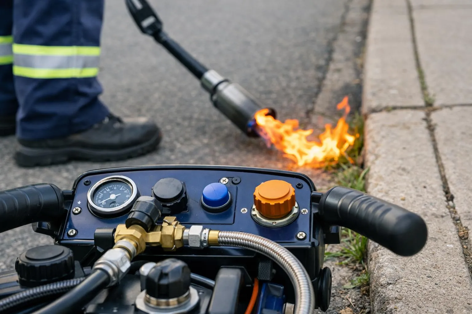 Firefighter's equipment with pressure gauge, valves, and burning debris.