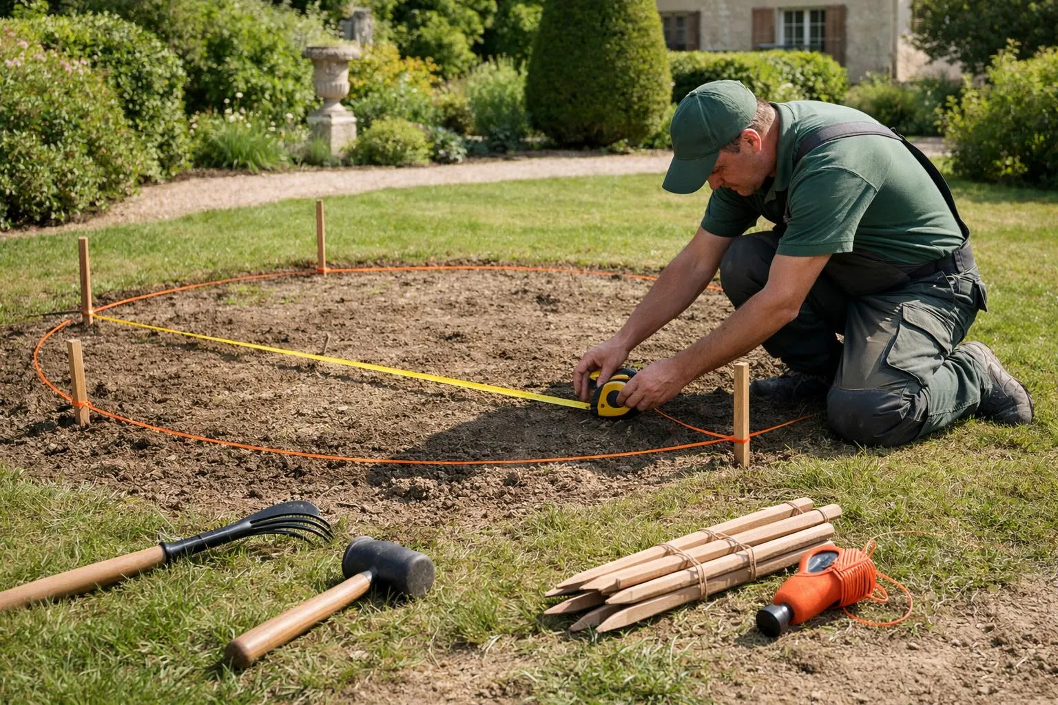 French gardening expert measuring and marking a sunny garden spot with stakes and measuring tape, preparing for forsythia planting. Natural morning sunlight illuminating the soil, professional gardener crouching with tools, measuring 3-meter diameter circle in well-drained garden area. Realistic photography style, natural colors, high detail, shallow depth of field, high-end gardening lifestyle aesthetic, eco-friendly French garden atmosphere. No text, no logo, no watermark.