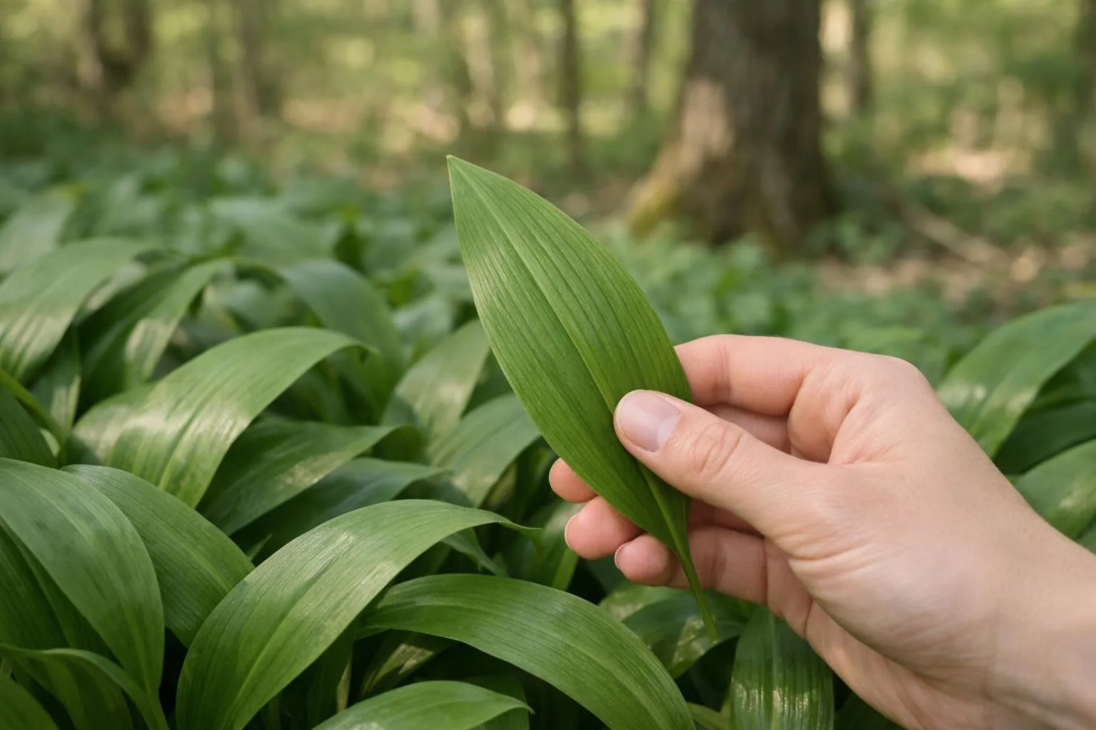 Close-up comparison of wild garlic (ail des ours) leaves in a French forest floor, showing detailed leaf texture, distinctive parallel veins, and fresh green color. A hand gently holding one leaf to demonstrate the crushing test, with subtle garlic aroma visualization through soft light. Natural woodland background with moss and leaf litter. Realistic botanical photography, shallow depth of field, natural morning light filtering through trees, educational yet elegant composition. No text, no labels, no watermark.