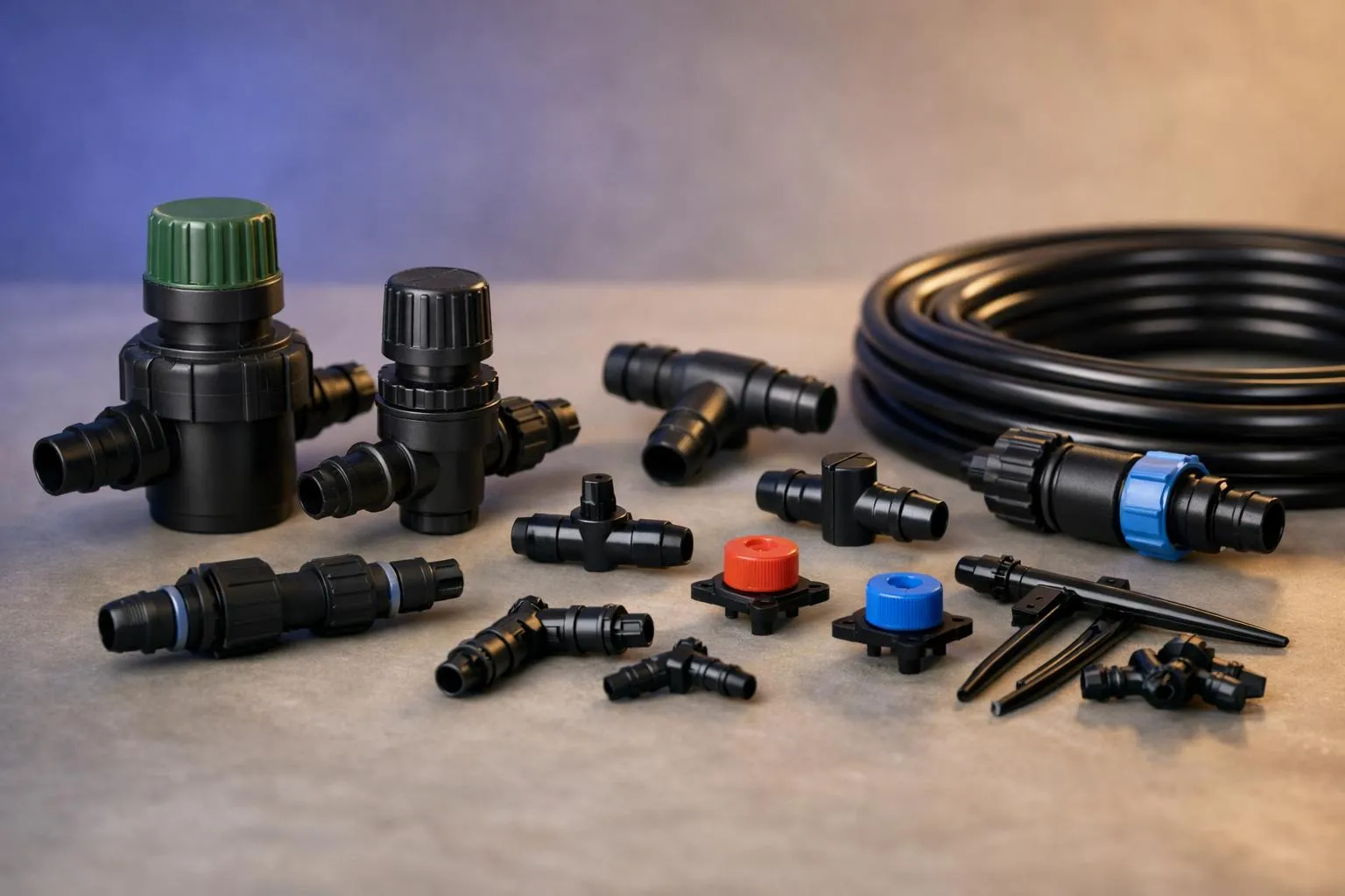 Assortment of black and colored plastic irrigation system components.