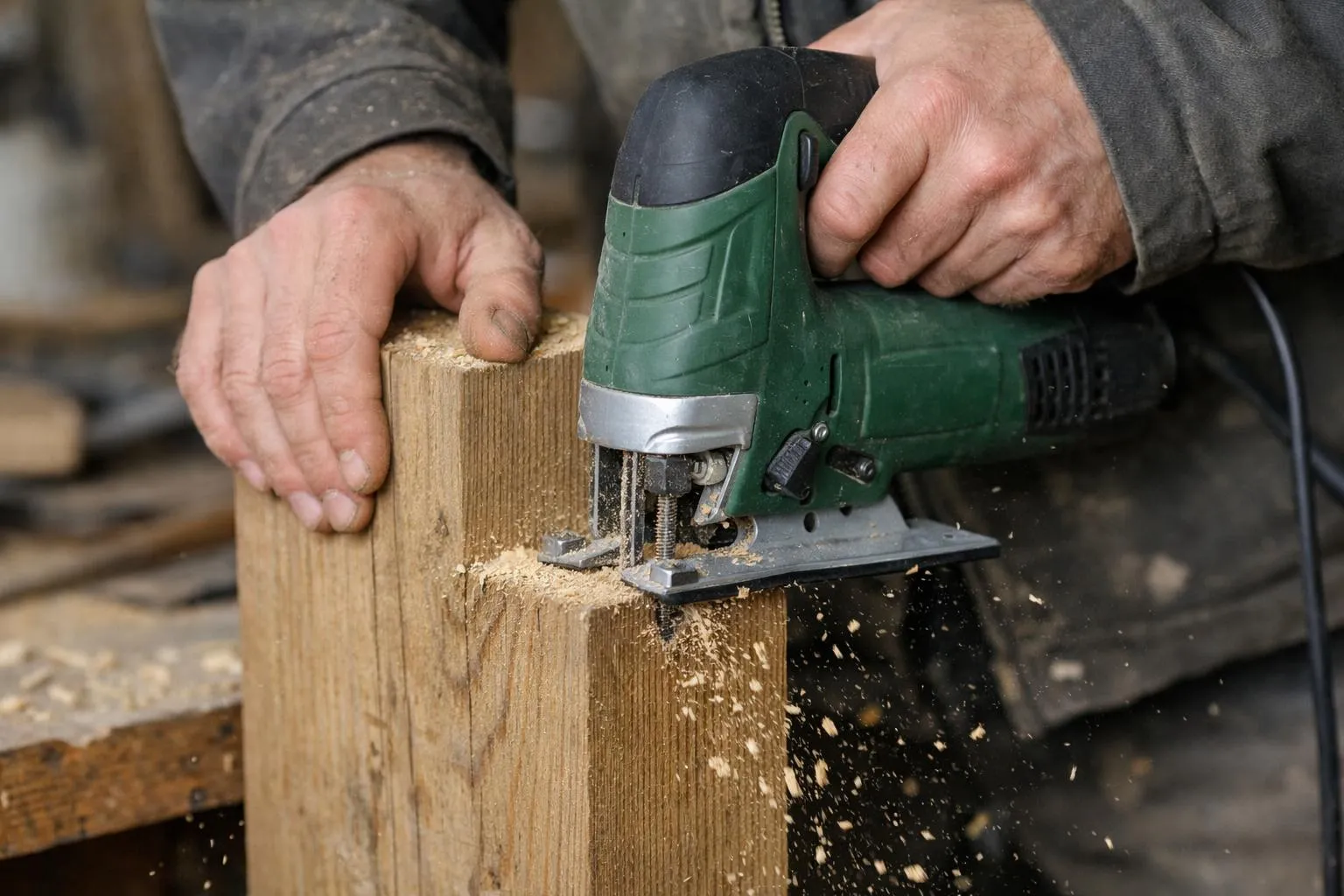 Hands operating a power saw to cut wooden block.