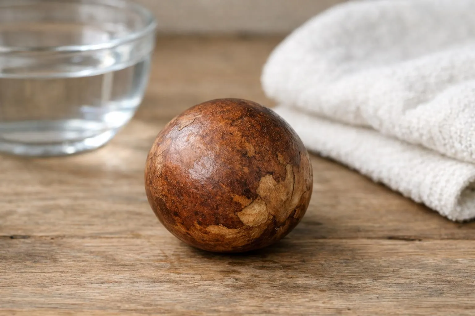 Gros plan réaliste d'un noyau d'avocat propre avec sa pellicule brune intacte, posé sur une surface en bois naturel clair dans une cuisine française lumineuse. À côté, un petit bol d'eau tiède et une serviette blanche propre. Lumière naturelle douce venant d'une fenêtre, ambiance chaleureuse et naturelle, photographie haute définition, style lifestyle authentique, couleurs neutres et apaisantes.