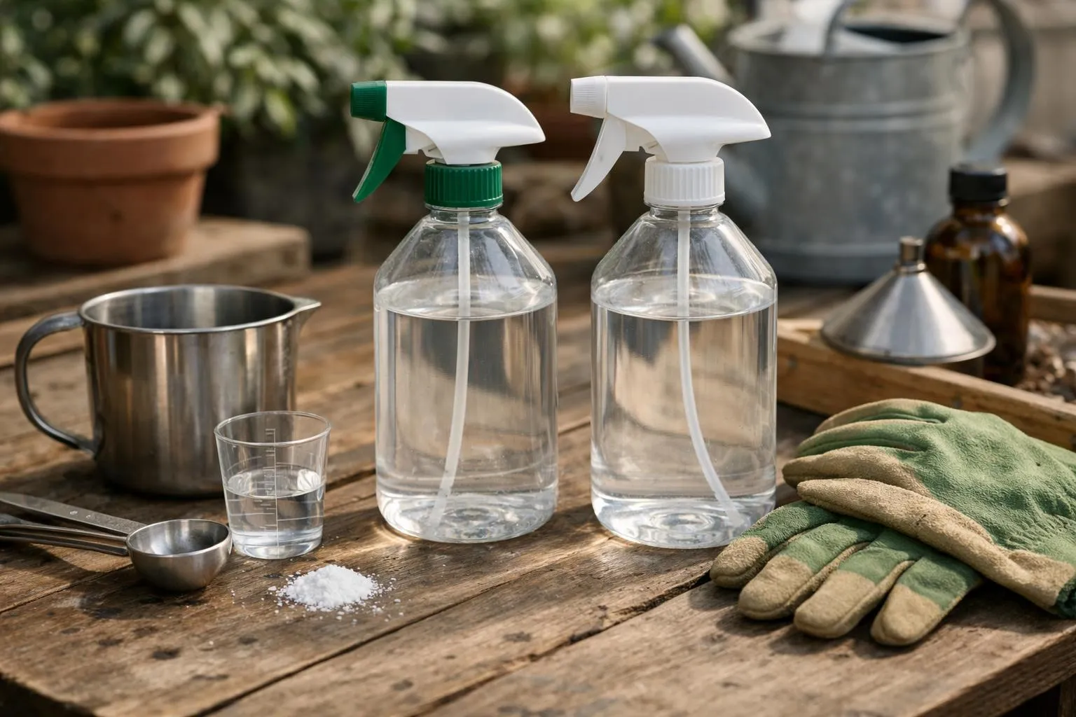 Outdoor French garden table with several labeled spray bottles containing different vinegar weed killer mixtures (pure vinegar, vinegar-water, vinegar-salt), alongside a measuring jug, funnel, and small bowl of salt. Natural daylight, realistic photography style, detailed textures on glass bottles and wooden table surface, gardening gloves in background, educational and practical atmosphere. No text overlays, no logos, no captions.