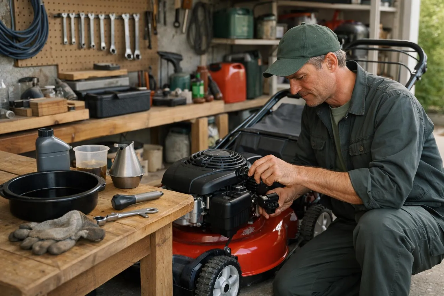 Jardinier préparant une tondeuse thermique rouge dans un garage français bien organisé, outils de vidange disposés sur un établi en bois, bac verseur et pompe manuelle visibles, lumière naturelle entrant par une fenêtre, ambiance professionnelle et soignée, photographie réaliste, détails ultra-précis, profondeur de champ réduite, style lifestyle haut de gamme, atmosphère chaleureuse et experte