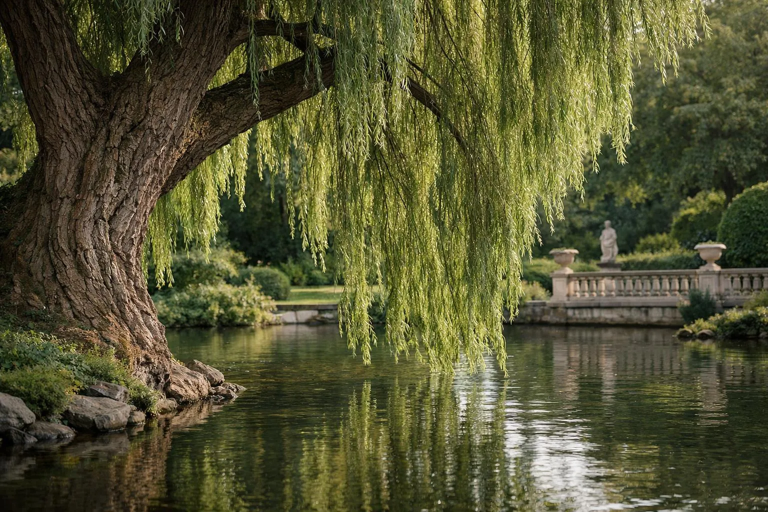 Paysage de parc verdoyant avec un grand saule pleureur reflété dans l'eau.