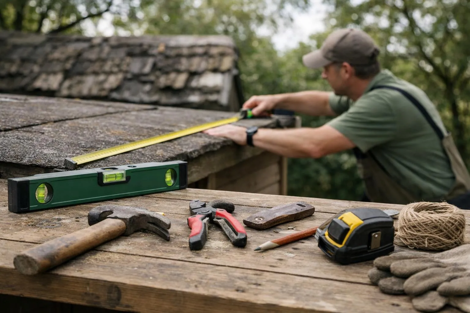 Homme utilisant un niveau pour mesurer une structure en bois.