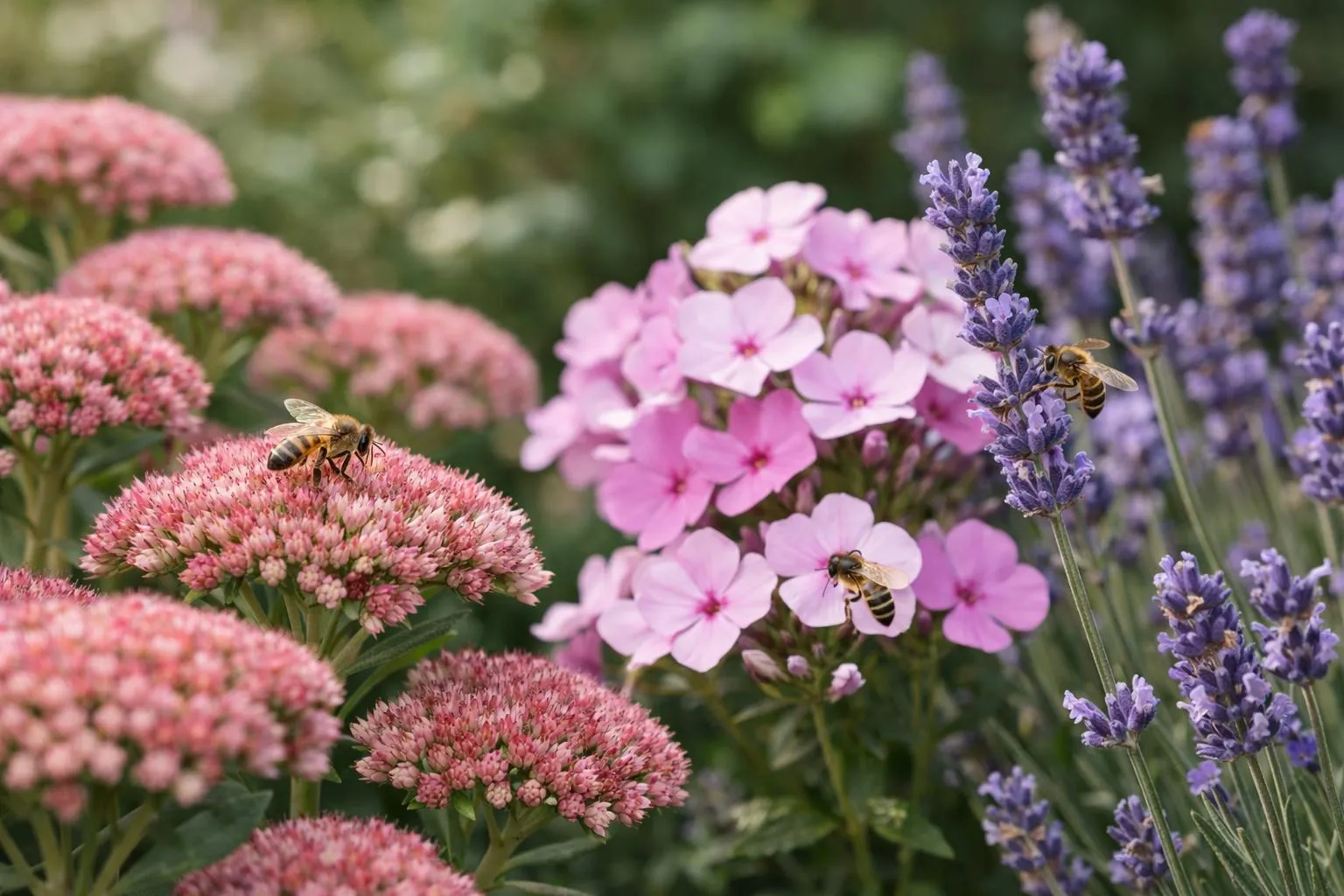 Fleurs roses et violettes avec abeilles butinant, jardin fleuri.