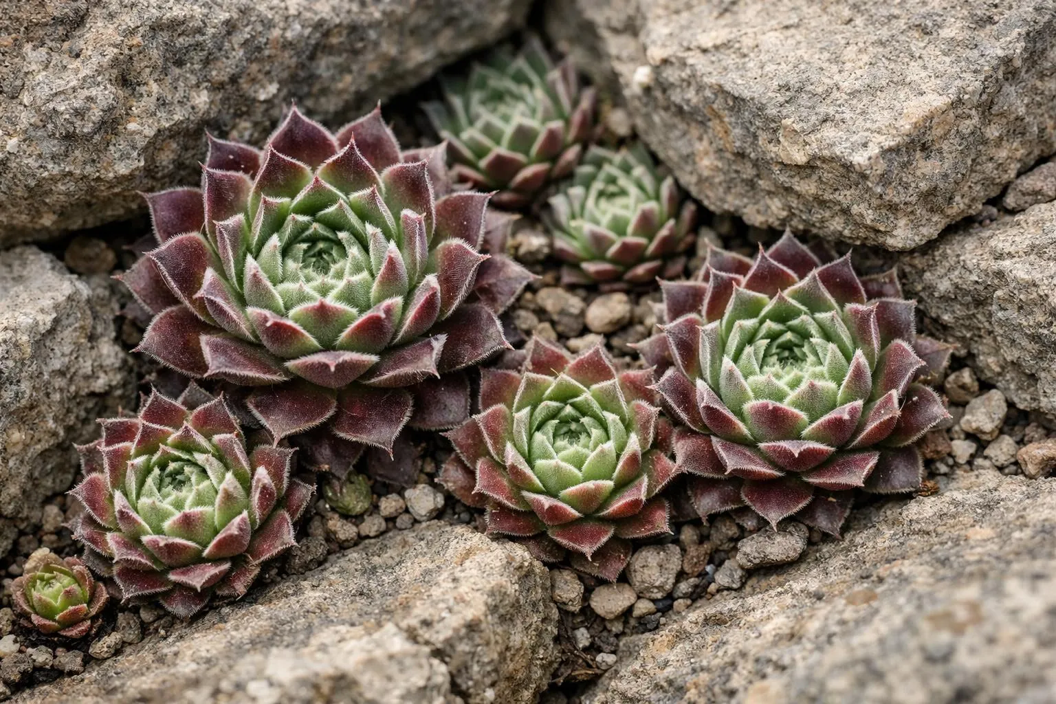 Close-up macro photography of Sempervivum rosettes in a rocky garden setting, showing geometric succulent patterns with burgundy, green, and silver tones, growing between natural stone crevices in a French rock garden, shallow depth of field, natural sunlight casting soft shadows, premium botanical photography style, ultra-detailed textures of fleshy leaves, authentic alpine garden atmosphere, realistic colors, high-end gardening lifestyle aesthetic, ABSOLUTELY NO TEXT OR LETTERS