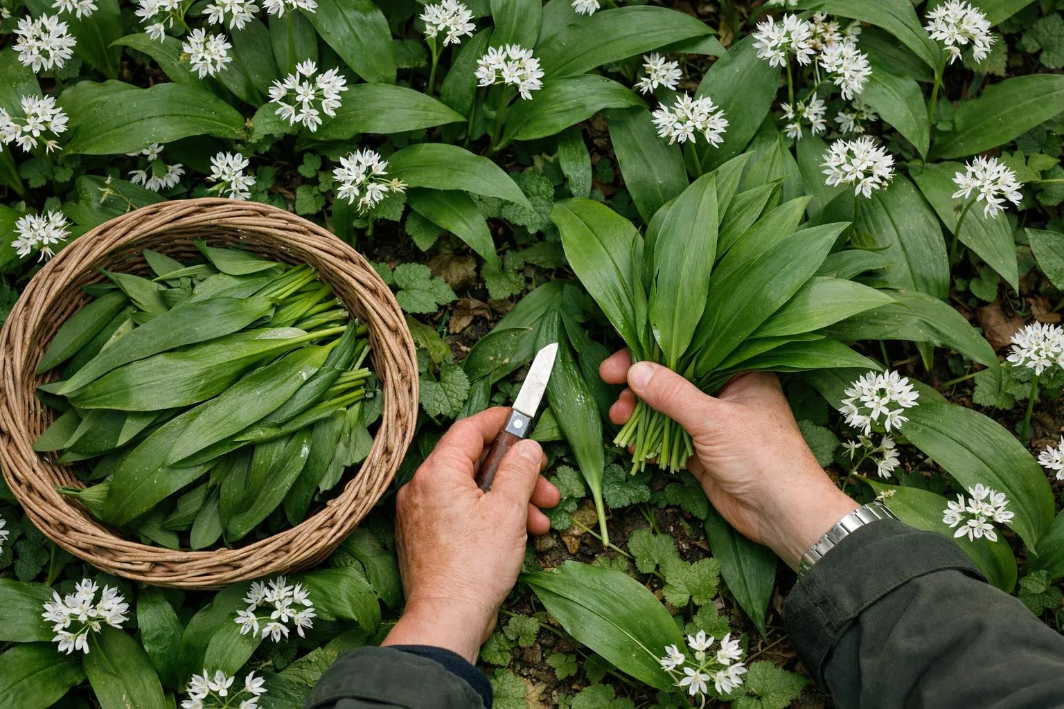 Close-up of fresh wild garlic (ail des ours) leaves being harvested by hands wearing gardening gloves in a shaded French forest floor, natural morning light filtering through trees, green foliage, realistic photography, detailed leaf texture with white star-shaped flowers in background, professional gardening atmosphere, no text, no watermark