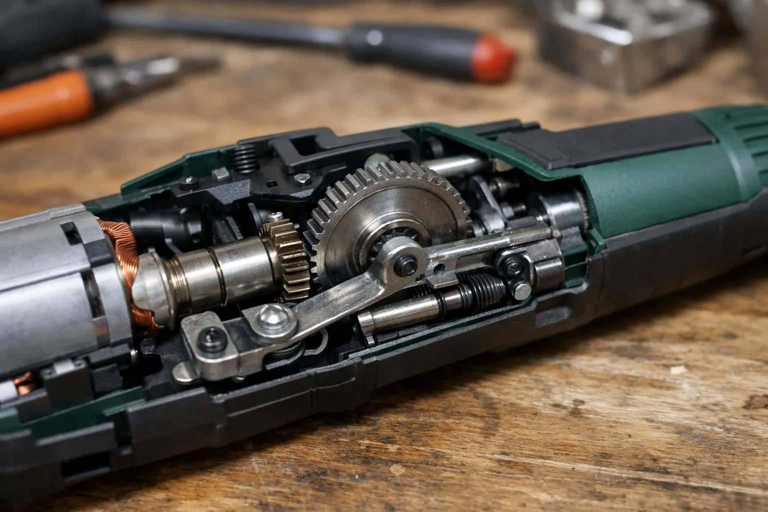 Close-up photograph of Parkside reciprocating saw internal mechanism with exposed quality components, showing gears and motor assembly on a workbench in natural workshop lighting, mechanical parts clearly visible, realistic engineering detail, shallow depth of field, professional workshop atmosphere, authentic tool maintenance scene, no text, no watermark