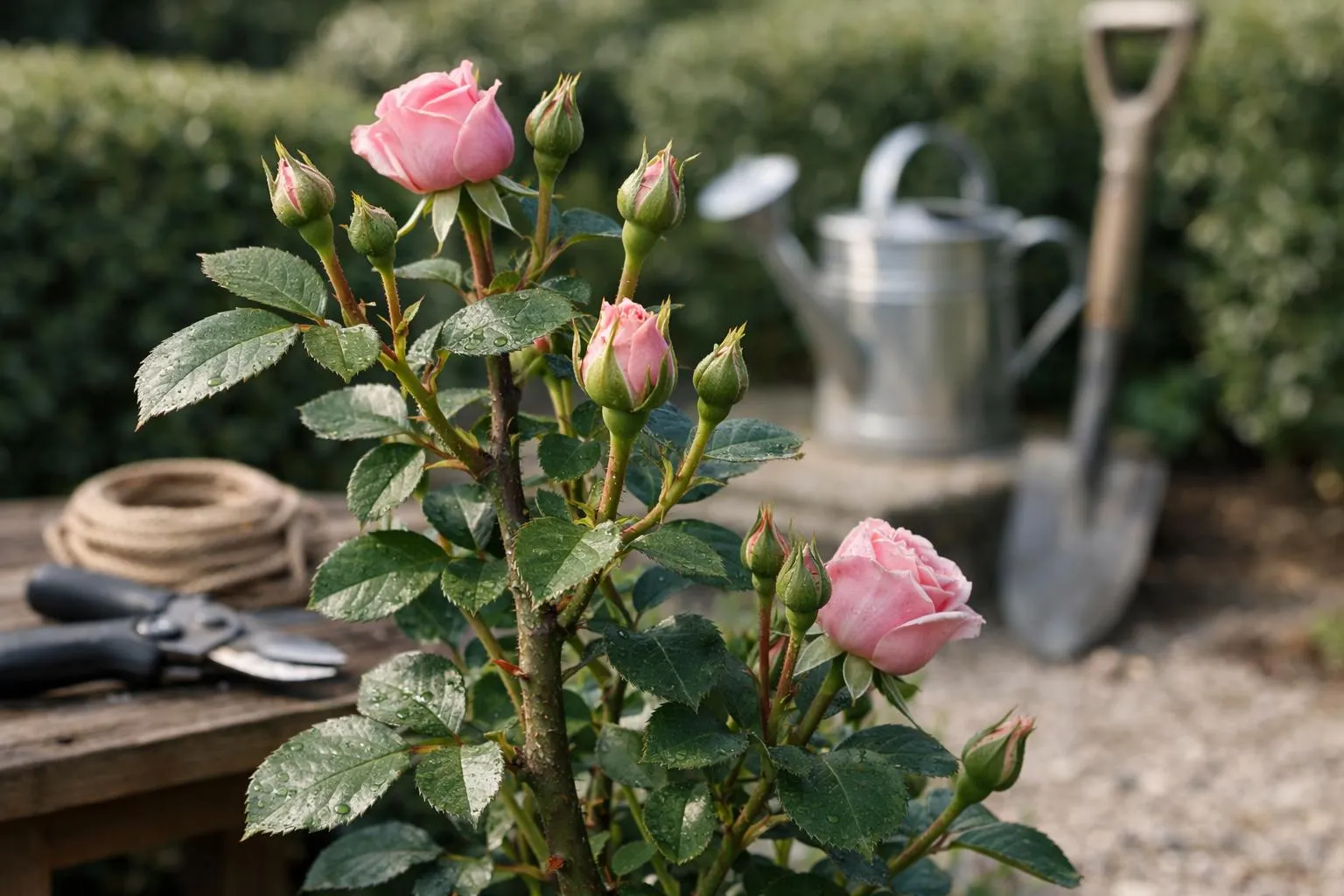 Close-up of healthy rose bush showing natural growth patterns and minimal pruning marks in a French garden, realistic photography style, natural morning light, detailed textures on stems and buds, professional gardening tools visible in background, elegant and trustworthy mood, high-end lifestyle aesthetic. The rose bush displays vigorous green stems with visible growth nodes, showing evidence of light, selective pruning rather than drastic cutting. Soft shadows, shallow depth of field, eco-friendly French garden atmosphere. No text, no logo, no watermark, no captions.