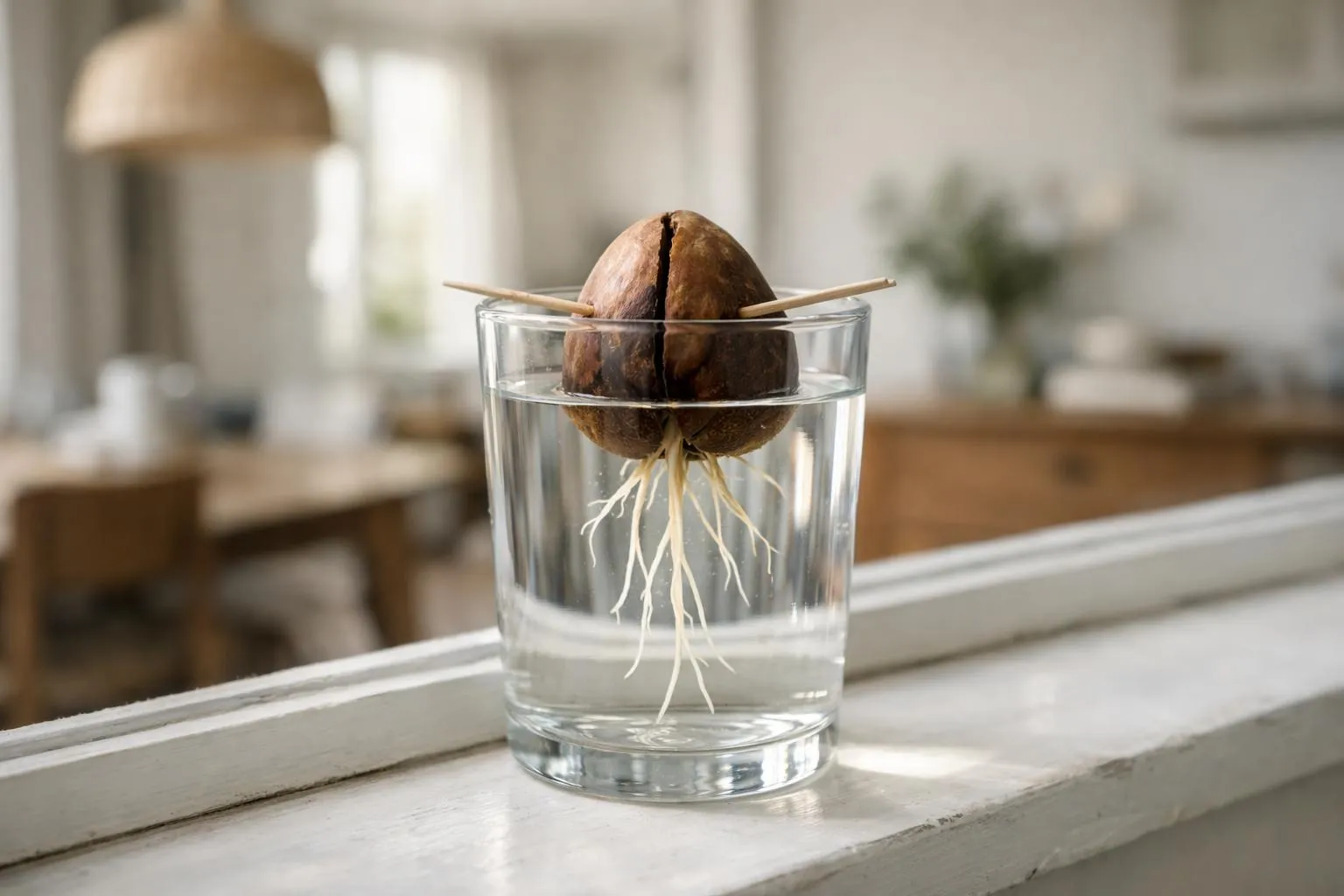 Noyau d'avocat suspendu avec trois cure-dents plantés sur les côtés au-dessus d'un verre d'eau transparent en verre clair, racines blanches fines émergeant de la base immergée, posé sur un rebord de fenêtre lumineux sans soleil direct, arrière-plan flou d'un intérieur français moderne avec plantes vertes, photographie réaliste naturelle, lumière douce, détails ultra-précis, ambiance jardinage artisanal et authentique, esthétique haut de gamme française