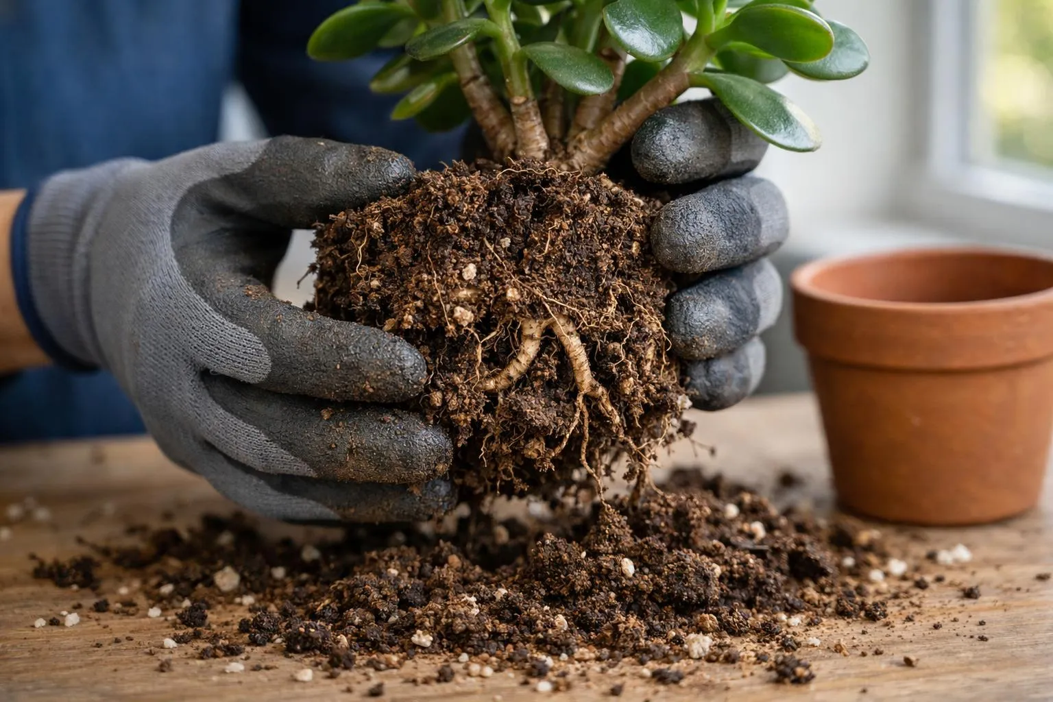 Hands repotting a jade plant, removing old soil and examining roots in bright indoor setting, close-up showing compacted peat-based substrate falling away from thick succulent roots, professional gardening gloves, terra cotta pot nearby, natural window light, realistic photography, shallow depth of field, educational gardening scene